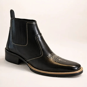 Bota Texana Country Cowboy Masculina Preta Couro Legítimo Vaquejada Cavalgada Bico Quadrado Solado Costurado Campolina Modelo 3140