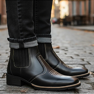 Bota Texana Country Masculina Preta Couro Legítimo Vaquejada Cavalgada Bico Quadrado Solado Costurado Campolina Modelo 3140