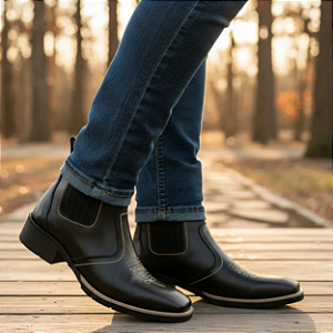 Bota Texana Country Masculina Preta Couro Legítimo Cavalgada Bico Quadrado Solado Costurado Campolina Modelo 3140