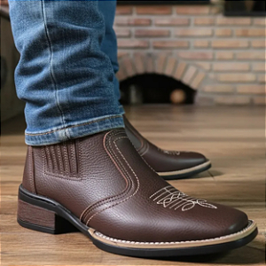 Bota Texana Country Masculina Bico Quadrado Couro Legítimo Botina Cowboy Cavalgada Solado Costurado Modelo 3140