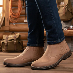 Botina Masculina Casual Marrom Claro Couro Legítimo Bota Country Solado Borracha Costurado Modelo 2520