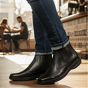 Bota Casual Preta Botina Em Couro Legítimo Original Solado Borracha Costurado Country Resistente Forte Modelo 2520 Campolina