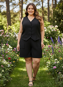 Conjunto Feminino Alfaiataria Verão – Colete Sem Manga com Botões + Short