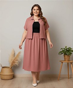 Conjunto Feminino Plus Size em Viscose Sarjada – Camisa Botões + Saia Midi Cintura Alta Elegante Casual