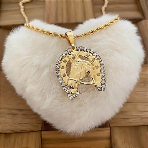 Colar Cavalo e Ferradura Strass no Cordão Baiano