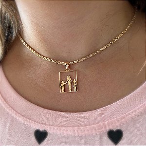 Colar Feminino Mãe com Dois Filhos Country com Cordão Baiano
