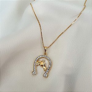 Colar Feminino Cavalo com Ferradura em Ródio Branco