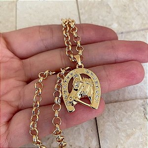 Colar Feminino Cavalo e Ferradura com Cordão Elo Português