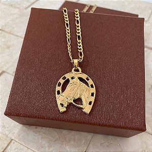 Colar Masculino Cavalo e Ferradura com Cordão 3x1