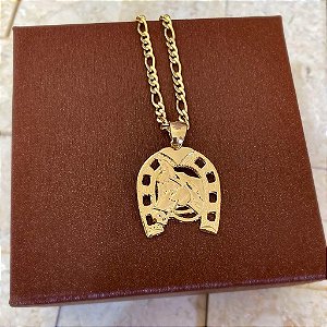 Colar Masculino Cavalo na Ferradura Rústico com Cordão 3x1