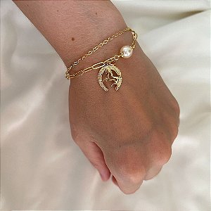 Pulseira Feminina Dupla com Pérolas, Cavalo e Ferradura