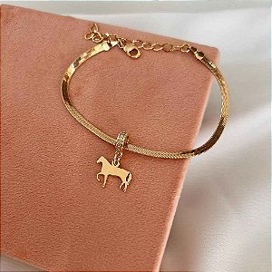 Pulseira Feminina com Fita e Berloque de Cavalo
