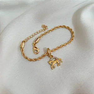 Pulseira Feminina Berloque Cavalo e Ferradura Ródio no Cordão Baiano
