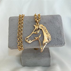 Colar Feminino Rosto de Cavalo Grande com Elo Português Banhado a Ouro 18K