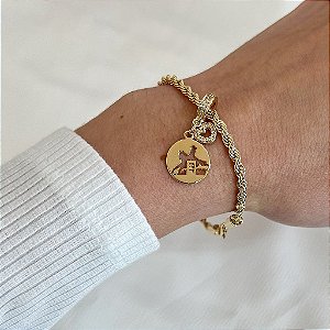 Pulseira Feminina Berloque Três tambores com coraçãozinho no Cordão Baiano Banhado a Ouro 18k