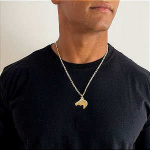 Colar Masculino Rosto Cavalo Country Cordão 3x1 Banhado a Ouro 18K