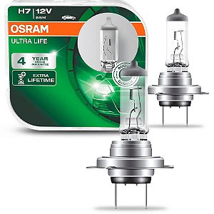 Lampada Farol Osram H7 Ultra Life 55w 12v 3200k 60%+ luz Par