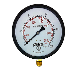 Manômetro Vertical para Caldeira 0-20 bar / PSI – Rosca 1/2" BSP – Visor 150mm