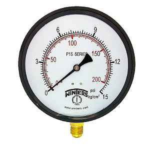 Manômetro Vertical 0–15 bar/PSI – Rosca 1/2" BSP – Visor 150mm (REF.: P1S255R3R1S-1/2BSP)