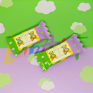 Kit 50  Balas Mastigáveis Com Rótulo Personalizado Chá Revelação - Ursinhos Lilás e Verde