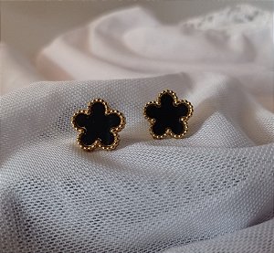 Brinco Trevo Preto da Sorte Feminino Banhado Ouro 18k Antialergico