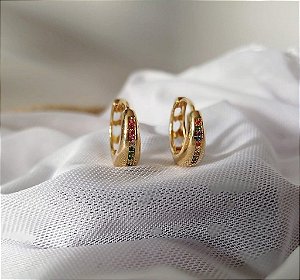 Brinco Argola Cravejado  de Zirconias Coloridas Banhado a Ouro 18k Antialergico