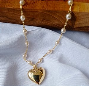 Gargantilha Perola com Pingente Coracao Banhado Ouro 18k Antialergico