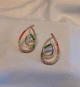 Brinco Gota com Zirconia Colorida Banhado Ouro 18k Antialergico