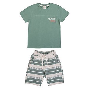 Conjunto Adventure Camiseta Meia Malha Verde Bermuda Tecido Eco
