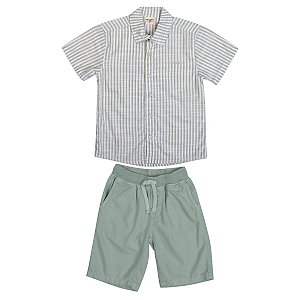 Conjunto Clean Camisa Tecido Listrado Bermuda Sarja Verde