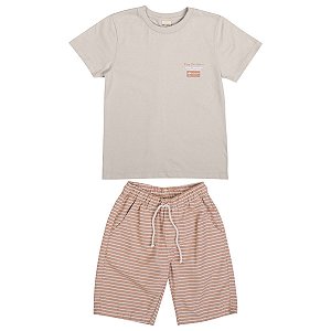 Conjunto Enjoy Camiseta Meia Malha Bege Bermuda Tecido Eco