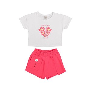 Conjunto Flor Coração Blusa Meia Malha Shorts Saia Molecotton Rosa