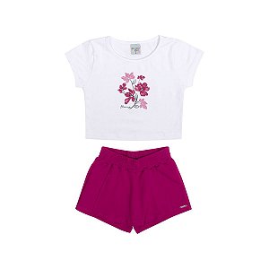 Conjunto Jardim Encantado Blusa Cotton Branca Shorts Saia Molecotton