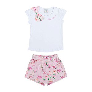 Conjunto Laço Blusa Cotton Shorts Saia Cotton Digital Rosa