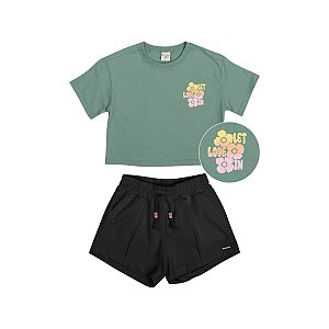 Conjunto Love Blusa Meia Malha Verde Shorts Molecotton