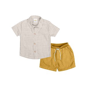 Conjunto Nature Camisa Listrada Bermuda Sarja Bege