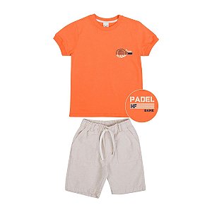Conjunto Padel Camiseta Meia Malha Laranja Bermuda Tecido Eco