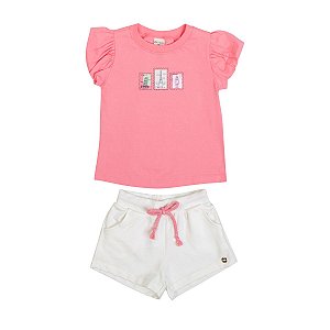 Conjunto Paris Postcard Blusa Meia Malha Rosa Shorts Moletim