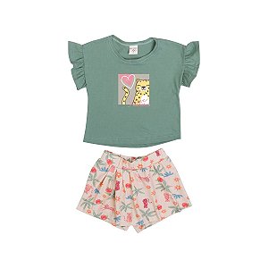 Conjunto Selva Blusa Meia Malha Verde Shorts Saia Cotton Digital