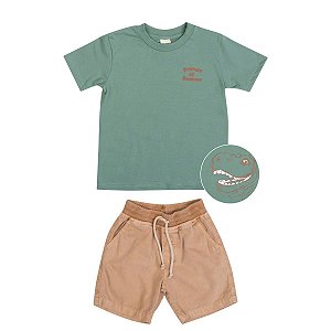 Conjunto Dinossaur Camiseta Meia Malha Verde Bermuda Sarja