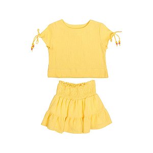 Conjunto Miçangas Blusa e Saia Tecido Fralda Shorts Cotton Amarelo