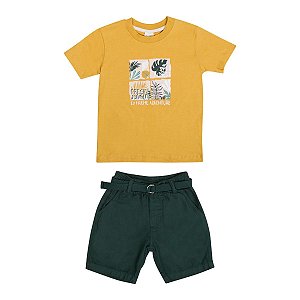 Conjunto Wild Camiseta Meia Malha Amarela Bermuda Sarja