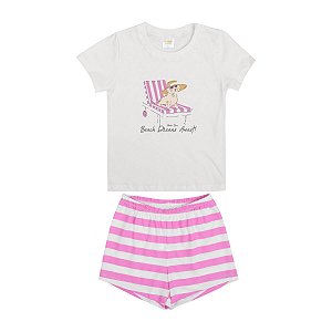 Pijama Beachy Dreams Blusa e Shorts Meia Malha Off White