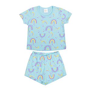 Pijama Rainbow Blusa e Shorts Meia Malha Azul