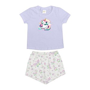 Pijama Rainbow Unicorn Blusa Lilás e Shorts