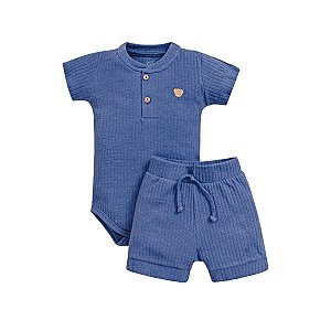 Conjunto Body Manga Curta Shorts Canelado Azul