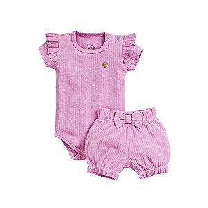 Conjunto Body Manga Curta Shorts Canelado Lilás