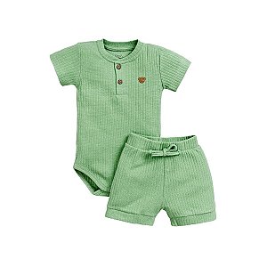Conjunto Body Manga Curta Shorts Canelado Verde