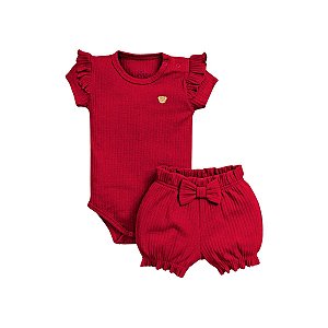 Conjunto Body Manga Curta Shorts Canelado Vermelho
