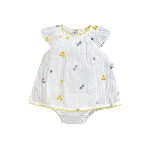 Vestido com Body Embutido Curto Voil Maquinetado Branco